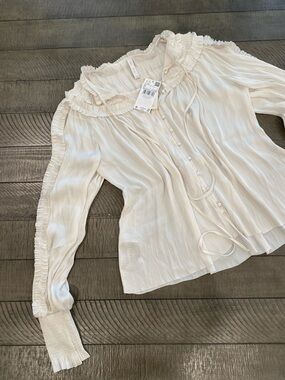 Mango Light Cream Ruffle-Trim Button Front Blouse - Women